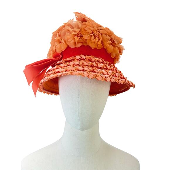 Vintage 1960s Orange Floral Raffia Straw Hat Velvet Ribbon Garden Party main image 4